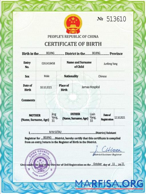 Realistic China vital record birth certificate PSD template